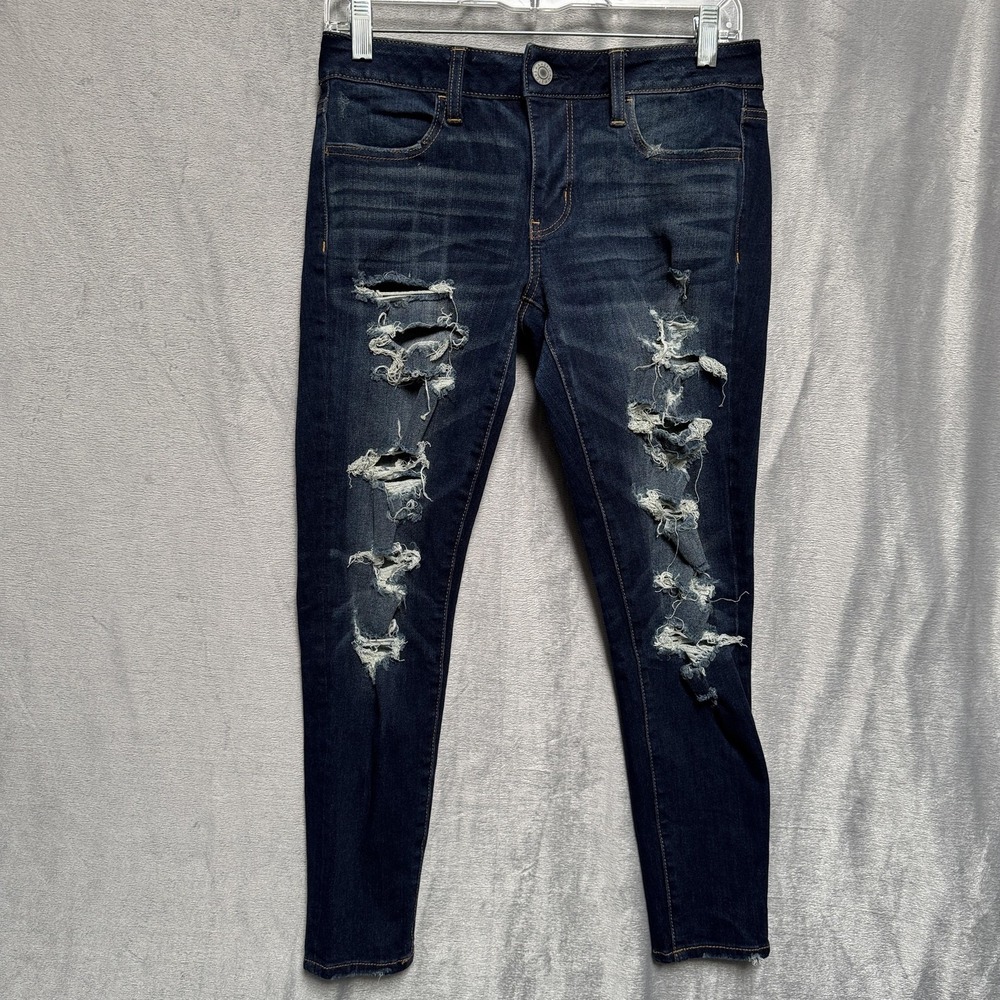 American Eagle Jeans Womens 4 X Short Dark Wash Super Stretch X Distressed